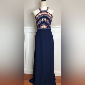 Soieblu Embroidered Halter Maxi Dress, Navy Blue, Perfect